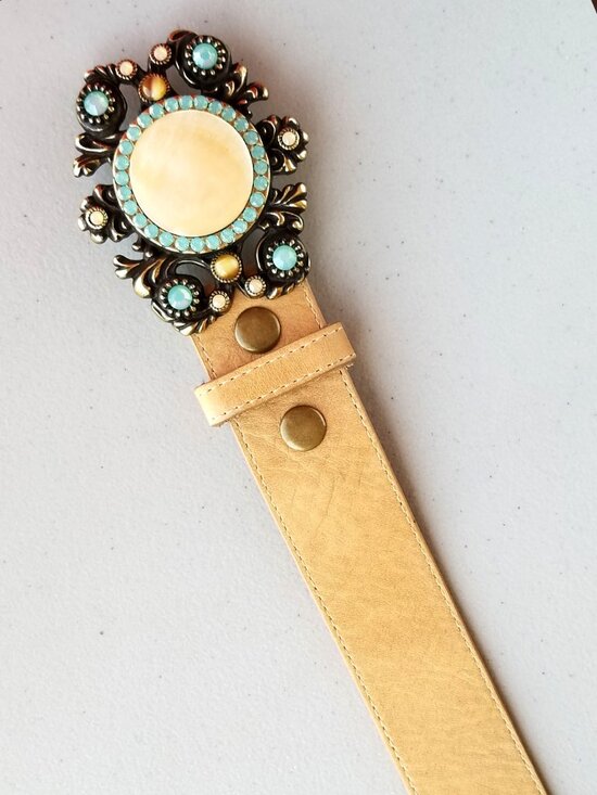 VTG Leatherock Gemmed Belt, Stunning Brass Buckle real Baby Blue stones Floral main image 9
